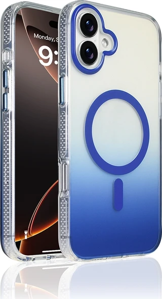 Rengareng iPhone 16 Plus Kılıf M-Safe Şarj Özellikli Transparan Renk Geçişli Zore Toros Kapak - Mavi ürün görseli 1
