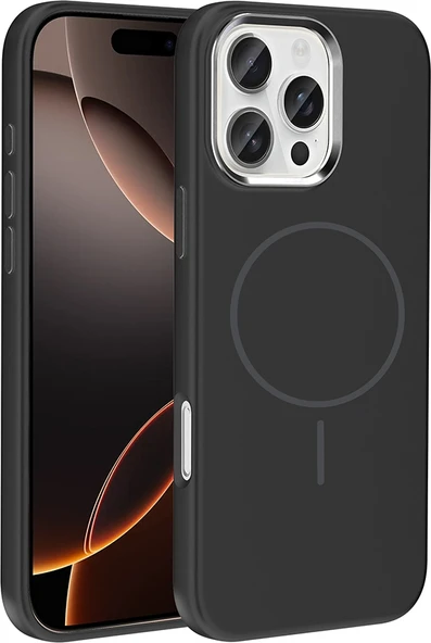 Rengareng iPhone 16 Pro Kılıf M-Safe Şarj Özellikli Metal Kamera Çerçeveli Zore Edi Silikon Kapak - Siyah ürün görseli 1