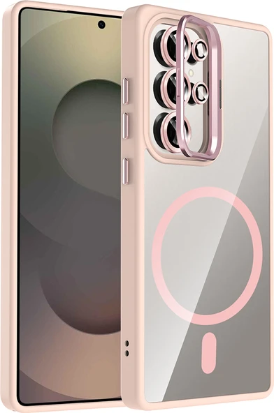 Galaxy S25 Ultra Kılıf Standlı ve Kamera Lens Hediyeli M-Safe Şarj Özellikli Mnc Etro Kapak - Pembe ürün görseli 1