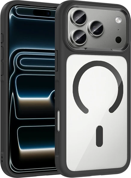Rengareng iPhone 17 Pro Max Kılıf M-Safe Şarj Özellikli Metal Kamera Çerçeveli Zore Tiko Kapak - Siyah ürün görseli 1