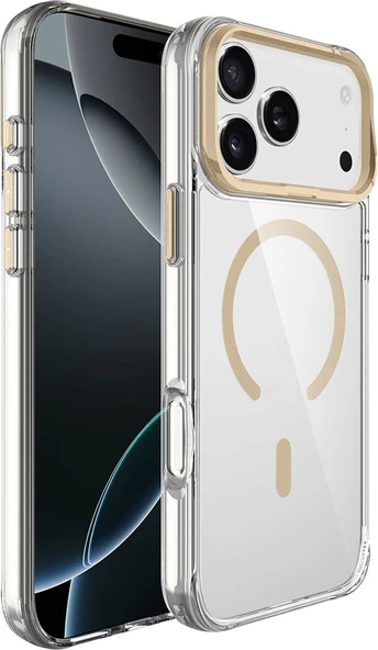 Rengareng iPhone 17 Pro Max Kılıf M-Safe Şarj Özellikli Airbagli Kamera Standlı Zore Azor Kapak - Gold ürün görseli 1