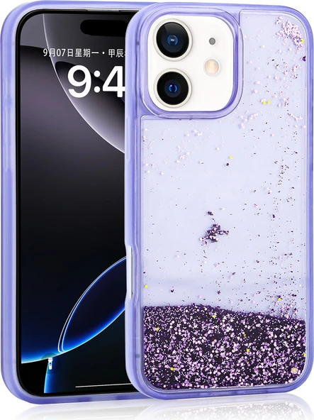 iPhone 11 Uyumlu Kılıf Sıvılı Simli Şeffaf Arka Yüzey Mnc Keto Silikon Kapak-Mor ürün görseli 1