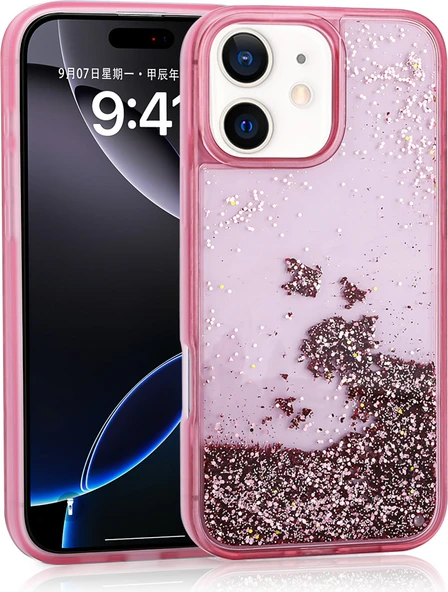 iPhone 11 Uyumlu Kılıf Sıvılı Simli Şeffaf Arka Yüzey Mnc Keto Silikon Kapak-Pembe ürün görseli 1