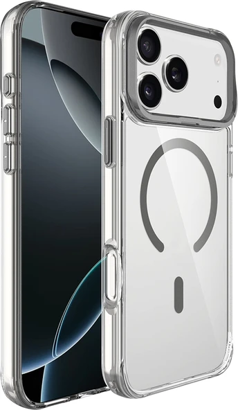 Rengareng iPhone 17 Pro Max Kılıf M-Safe Şarj Özellikli Airbagli Kamera Standlı Zore Azor Kapak - Koyu Gri ürün görseli 1