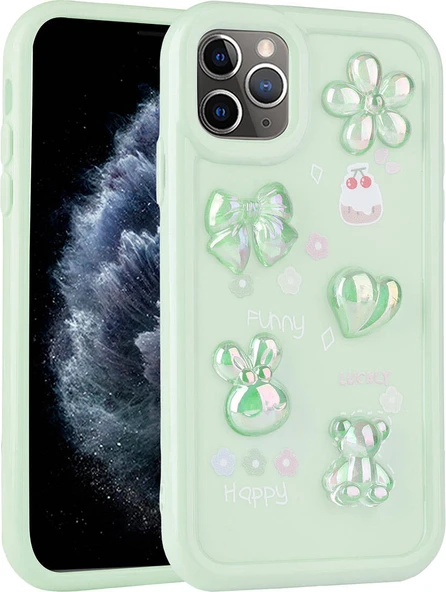 Apple iPhone 11 Pro Max Kılıf Kabartma Figürlü Parlak Mnc Toys Silikon Kapak-Açık Yeşil ürün görseli 1