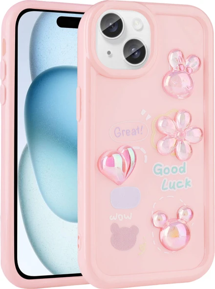 Apple iPhone 14 Plus Kılıf Kabartma Figürlü Parlak Mnc Toys Silikon Kapak-Pembe ürün görseli 1