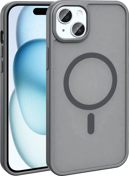 Apple iPhone 14 Kılıf Magsafe Şarj Özellikli Mat Arka Yüzey Mnc Sio Kapak-Gri ürün görseli 1
