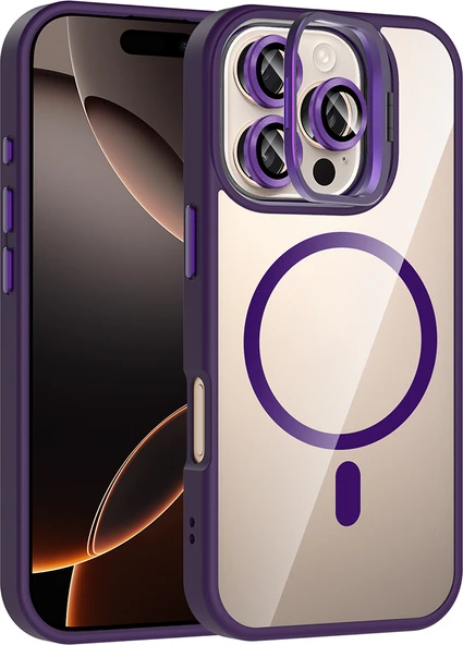 iPhone 16 Pro Kılıf Standlı ve Kamera Lens Hediyeli M-Safe Şarj Özellikli Mnc Etro Kapak - Derin Mo ürün görseli 1
