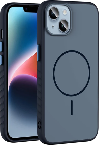 Rengareng iPhone 15 Kılıf M-Safe Şarj Özellikli Zore Tea Kapak - Lacivert ürün görseli 1