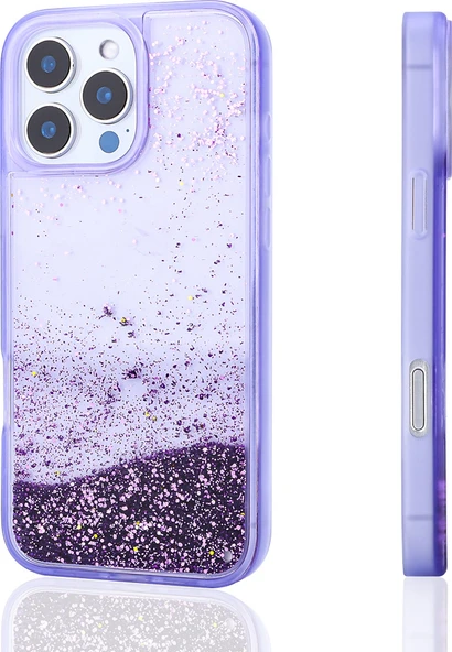 iPhone 16 Pro Max Uyumlu Kılıf Sıvılı Simli Şeffaf Arka Yüzey Mnc Keto Silikon Kapak-Mor ürün görseli 1