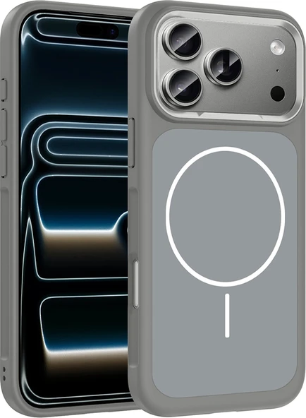 Rengareng iPhone 17 Pro Kılıf M-Safe Şarj Özellikli Metal Kamera Çerçeveli Mnc Sanremo Silikon Kapak - Gri ürün görseli 1
