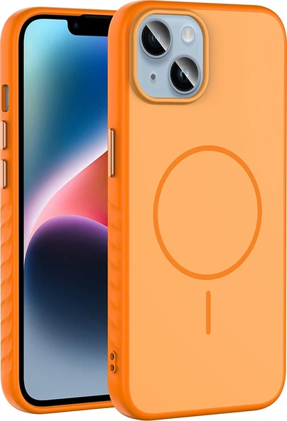 Rengareng iPhone 14 Kılıf M-Safe Şarj Özellikli Zore Tea Kapak - Turuncu ürün görseli 1