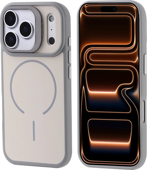 Rengareng iPhone 17 Pro Max Kılıf M-Safe Şarj Özellikli Kamera Standlı Zore Notron Kapak - Gri ürün görseli 1