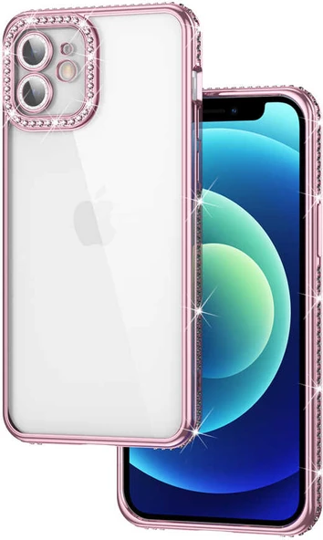 iPhone 12 Uyumlu Kamera Korumalı Taşlı Mnc Mina Kapak-Rose Gold ürün görseli 1