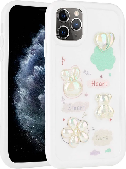 Apple iPhone 11 Pro Max Kılıf Kabartma Figürlü Parlak Mnc Toys Silikon Kapak-Beyaz ürün görseli 1