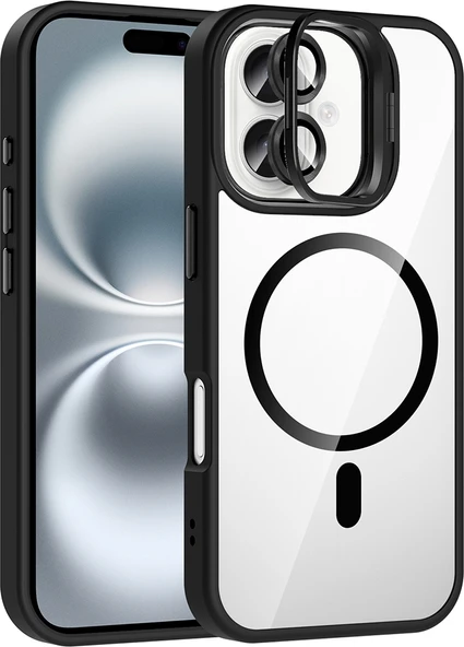 Rengareng iPhone 17 Kılıf Standlı ve Kamera Lens Hediyeli M-Safe Şarj Özellikli Zore Etro Kapak - Siyah ürün görseli 1