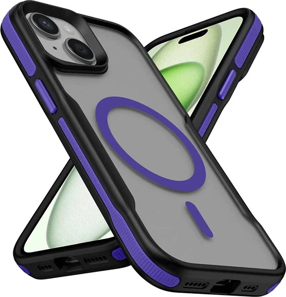 Rengareng iPhone 13 Kılıf M-Safe Şarj Özellikli Renkli Kenar Airbag Şeritli Zore Lamer Kapak - Mor ürün görseli 1