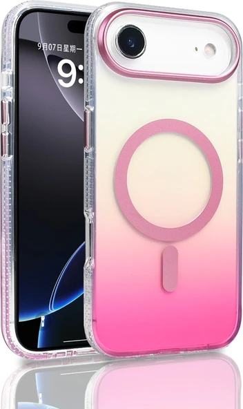 Rengareng iPhone 17 Air Kılıf M-Safe Şarj Özellikli Transparan Renk Geçişli Mnc Toros Kapak - Rose Pembe ürün görseli 1