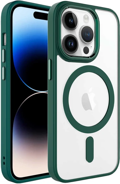 iPhone 14 Pro Uyumlu Wireless Şarj Özellikli Mnc Krom Magsafe Silikon Kapak-Koyu Yeşil ürün görseli 1