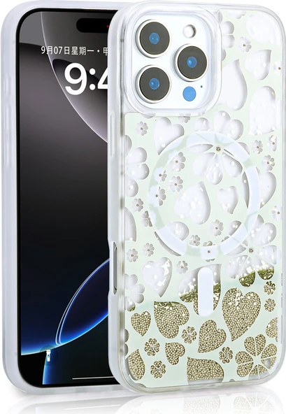 iPhone 16 Pro Max Uyumlu Kılıf Sıvılı Simli Baskılı Şeffaf Arka Yüzey Mnc Mossa Silikon Kapak-Gold ürün görseli 1