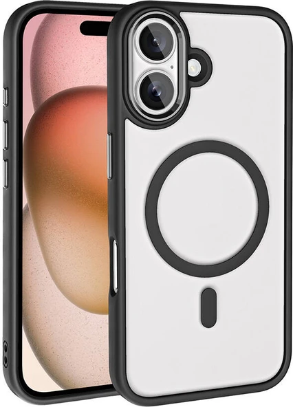 Apple iPhone 16 Kılıf Wireless Şarj Özellikli Mnc Krom Magsafe Silikon Kapak-Siyah ürün görseli 1