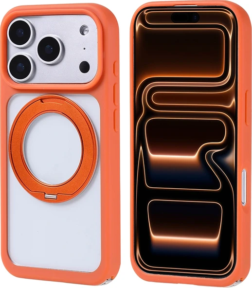 Rengareng iPhone 17 Pro Kılıf M-Safe Şarj Özellikli Standlı Mnc Piza Silikon Kapak - Turuncu ürün görseli 1