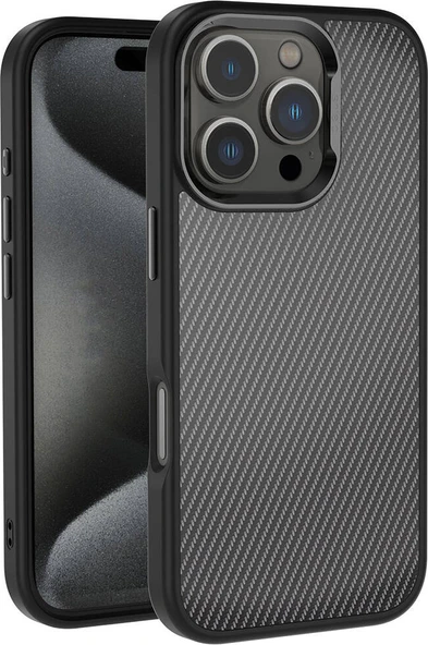 Apple iPhone 16 Pro Max Kılıf Karbon Fiber Görünümlü Parlak Kamera Çerçeveli Mnc Venus Kapak-Siyah ürün görseli 1