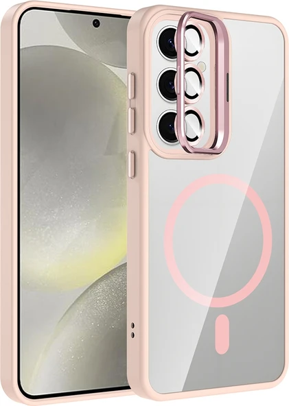 Rengareng Galaxy S25 Fe Kılıf Standlı ve Kamera Lens Hediyeli M-Safe Şarj Özellikli Zore Etro Kapak - Pembe ürün görseli 1
