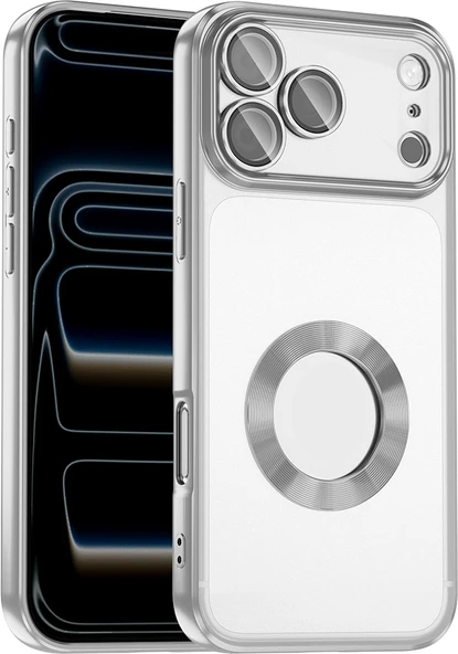 Rengareng iPhone 17 Pro Max Kılıf Kamera Korumalı Logo Gösteren Zore Omega Kapak - Gümüş ürün görseli 1