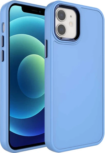 iPhone 12 Uyumlu Metal Çerçeve ve Buton Tasarımlı Sert Mnc Botox Kapak-Mavi ürün görseli 1