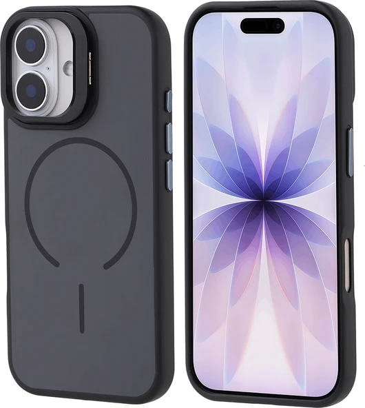 Rengareng iPhone 17 Kılıf M-Safe Şarj Özellikli Kamera Standlı Zore Notron Kapak - Siyah ürün görseli 1