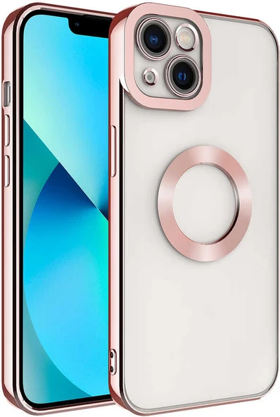 iPhone 14 Uyumlu Kamera Korumalı Logo Gösteren Mnc Omega Kapak-Rose Gold ürün görseli 1