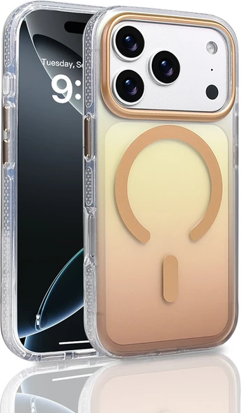 Rengareng iPhone 17 Pro Kılıf M-Safe Şarj Özellikli Transparan Renk Geçişli Mnc Toros Kapak - Gold ürün görseli 1
