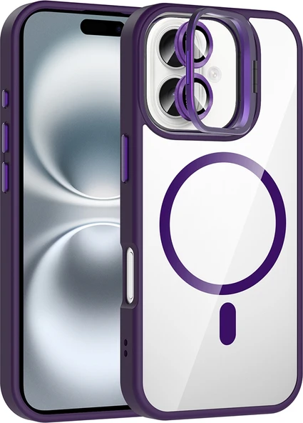 Rengareng iPhone 17 Kılıf Standlı ve Kamera Lens Hediyeli M-Safe Şarj Özellikli Zore Etro Kapak - Derin Mor ürün görseli 1