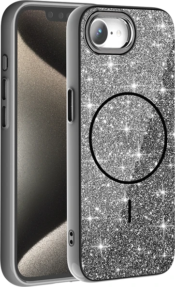 Rengareng iPhone 17E Kılıf M-Safe Şarj Özellikli Parlayan Simli Zore Okso Kapak - Siyah ürün görseli 1