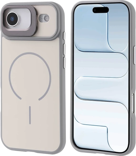 Rengareng iPhone 17 Air Kılıf M-Safe Şarj Özellikli Kamera Standlı Zore Notron Kapak - Gri ürün görseli 1
