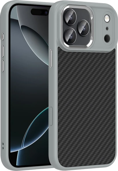 Rengareng iPhone 17 Pro Max Kılıf M-Safe Şarj Özellikli Karbon Fiber Görünümlü Zore Truva Silikon Kapak - Gri ürün görseli 1