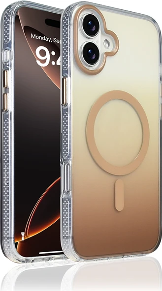 Rengareng iPhone 16 Plus Kılıf M-Safe Şarj Özellikli Transparan Renk Geçişli Zore Toros Kapak - Gold ürün görseli 1
