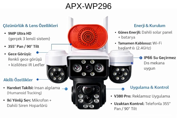 APRONX APX-WP296 9MP 3.6mm Solar Wi-Fi Kamera ürün görseli 1