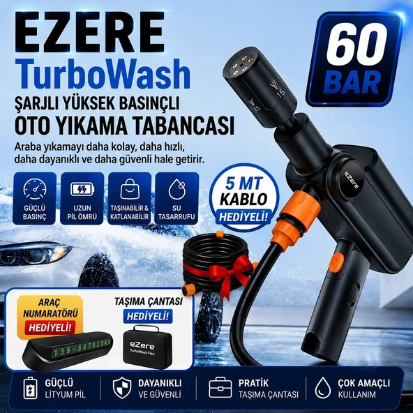 Nevamel® EZERE TurboWash Şarjlı 60 Bar Yüksek Basınçlı Oto Araba Bahçe Yıkama ve Temizleme Tabancası Makinesi-(5775) ürün görseli 1