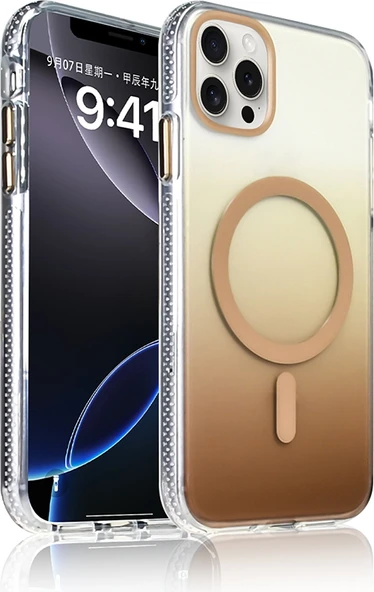 Rengareng iPhone 16 Pro Kılıf M-Safe Şarj Özellikli Transparan Renk Geçişli Zore Toros Kapak - Gold ürün görseli 1