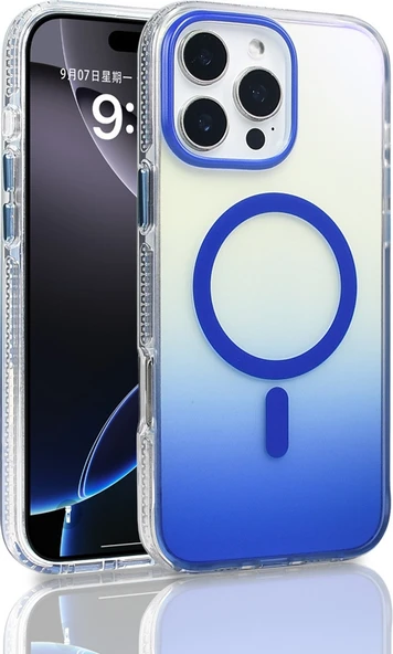 Rengareng iPhone 16 Pro Max Kılıf M-Safe Şarj Özellikli Transparan Renk Geçişli Mnc Toros Kapak - Mavi ürün görseli 1