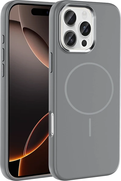 Rengareng iPhone 16 Pro Max Kılıf M-Safe Şarj Özellikli Metal Kamera Çerçeveli Zore Edi Silikon Kapak - Titany ürün görseli 1
