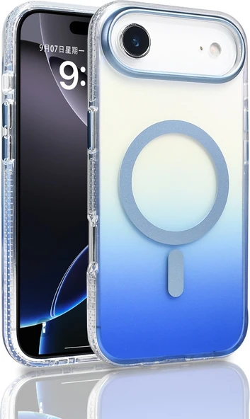 Rengareng iPhone 17 Air Kılıf M-Safe Şarj Özellikli Transparan Renk Geçişli Mnc Toros Kapak - Mavi ürün görseli 1