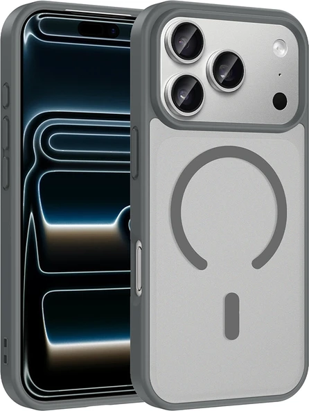 Rengareng iPhone 17 Pro Max Kılıf M-Safe Şarj Özellikli Zore Babet Kapak - Gri ürün görseli 1