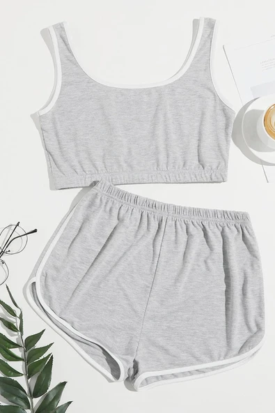 Nevamel® Kadın Gri Askılı Crop Top ve Şortlu Gecelik Takım ürün görseli 1