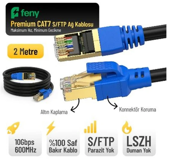 Feny FN-CAT7LS02 10GBPS İnternet 60MHZ 2 Metre CAT7 Gold Patch Kablo (Yanmaz- yüzde 100 Saf Bakır) ürün görseli 1