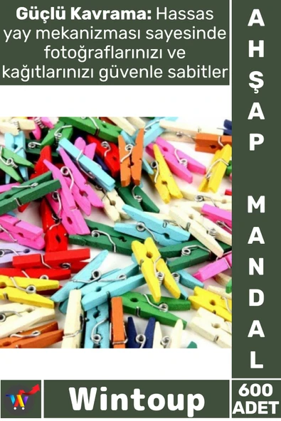 #Mandal Dekoratif Fotoğraf Askısı Çok Renkli Mini Süsleme Hediye 3.5 Cm Şık Ahşap Mandal 600 Adet ürün görseli 1