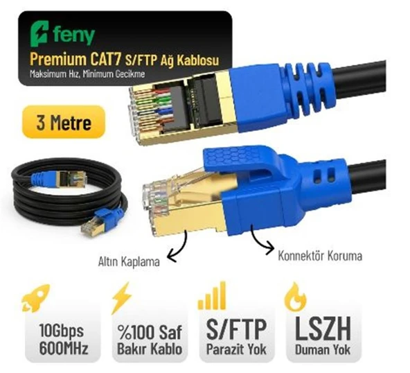 Feny FN-CAT7LS03 10GBPS İnternet 60MHZ 3 Metre CAT7 Gold Patch Kablo (Yanmaz- yüzde 100 Saf Bakır) ürün görseli 1