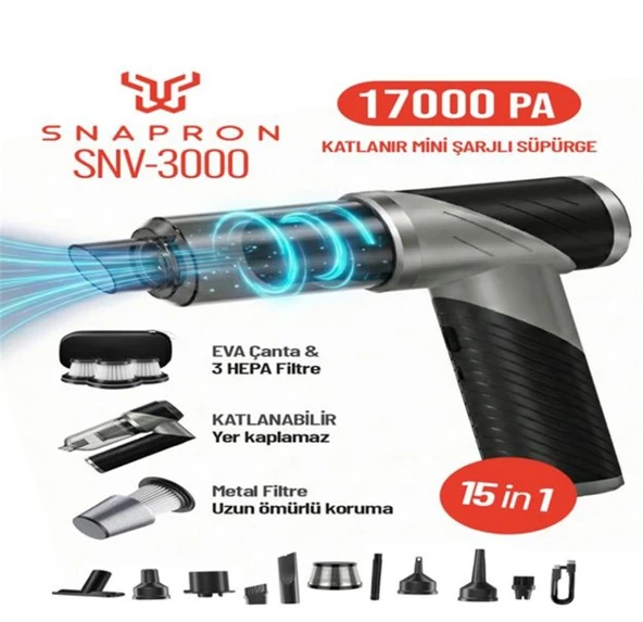 Snapron SNV-3000 17000PA 2000Mah 15in1 Güçlü Vakum Ve Üflemeli Şarjlı Katlanabilir Araç Süpürgesi ürün görseli 1